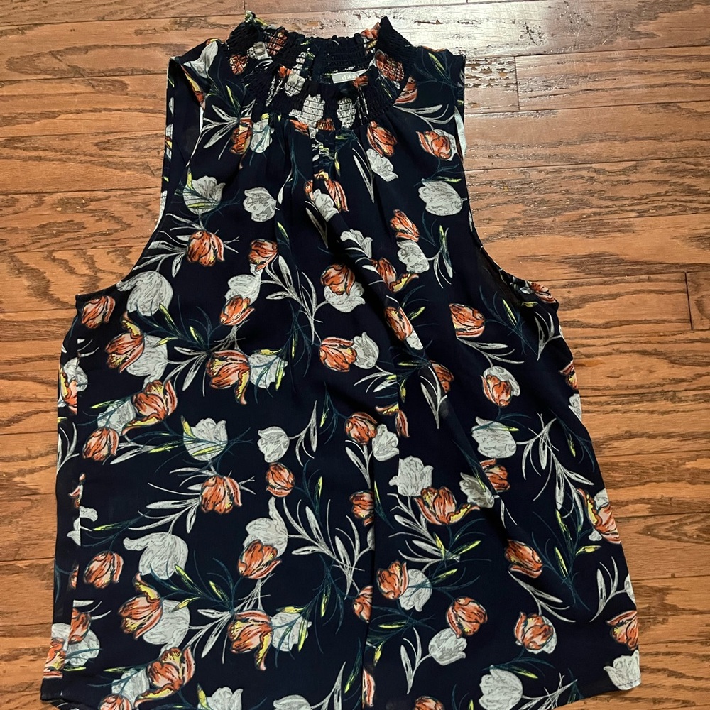 Floral Sleeveless Top - Navy with White and Orange